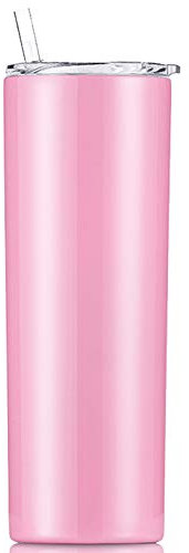 Gteller – Gobelet fin à double paroi en acier inoxydable 18/8 avec paille et couvercle, tasse de voyage isotherme pour garder les boissons froides et chaudes (rose, 570 ml)