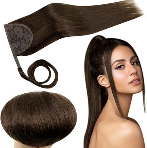 RUNATURE Ponytail Extension Echthaar Braun Echte Haare 50cm Lang Haarverlängerung Echthaar Zopf Glatt Pferdeschwanz Haarteil Echthaar Braun Menschliches Haar 80g #4
