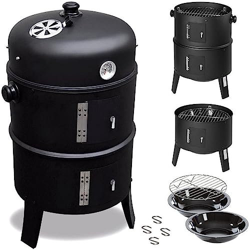 MaxxGarden Fumoir - Smoker - Barbecue Charbon de Bois - Grill Charbon - 3 en 1 Multifonctions BBQ et Fumoirs - Thermomètre Inclus - 48x71 cm - Noir