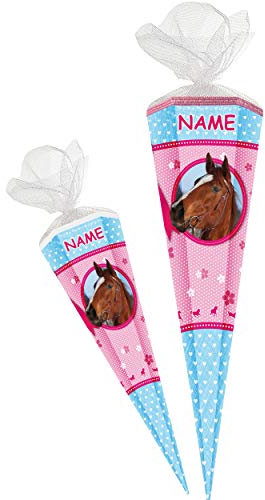 alles-meine.de GmbH Schultüte - Pferd - Blumen & Herzen - 85 cm - 6 eckig - incl. Name - Tüllabschluß - Zuckertüte - mit/ohne Kunststoff Spitze - Jungen Mädchen - Pferdekopf / ..