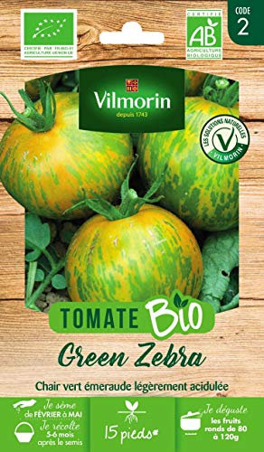 Vilmorin - Tomate green zebra bio - fruit de mi-saison - robe verte zebrée de jaune - chair émeraude - goût doux et acidulé - rendement jusqu'à 2 à 4 kg par pied