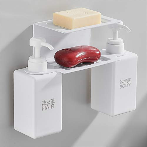 Distributeur Manuel de Savon Bouteille Support Mural sans Percage pour Bath Douche Shampooing Lotion Gel Cuisine Organisation Pompe Plastique et support en aluminium avec Porte-Savon,Blanc