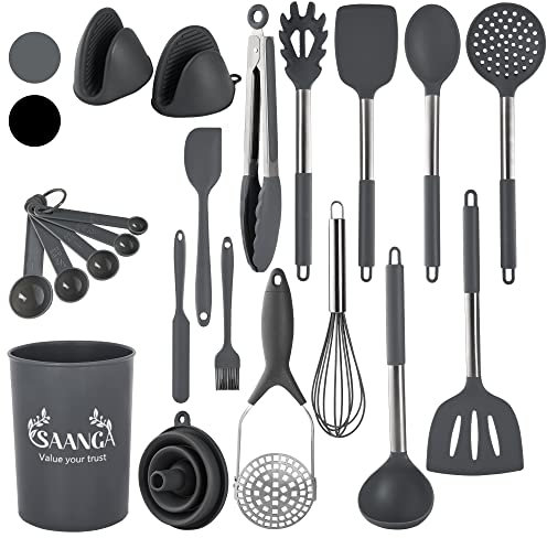 SAANGA Silicone Kitchen Utensil Set 21 Pcs Non-Stick Heat Resistant Cookware, Food Grade and Dishwasher Safe Cooking Utensils with Holder (Grey)