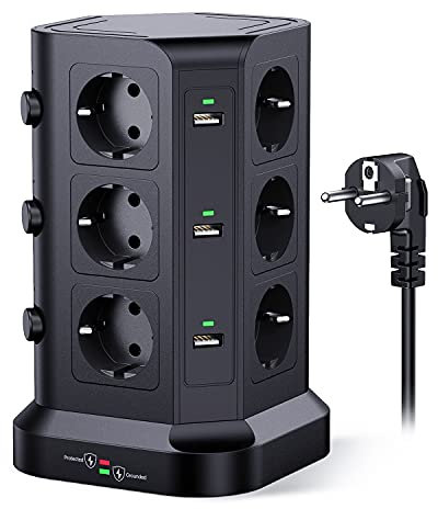 KOOSLA - Regleta para sobretensiones (4000 W/16 A), Regleta eléctrica con 6 Puertos USB y 12 enchufes, con 3 interruptores, Cable de 2 m, Color Negro