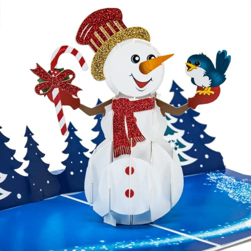 LIMAH® Pop-Up 3D Grußkarte/Hochwertige Weihnachtskarte/X-Mas Karte zu Weihnachten/in Blau/Motiv Schneemann mit einem Glitzer Hut und einem Vogel