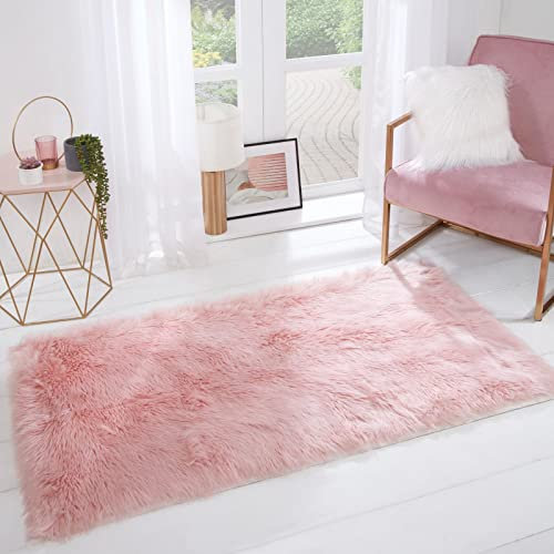 Sienna Grand Tapis rectangulaire en Fausse Peau de Mouton en microsuède - Ne perd Pas Ses Poils - Rose pâle - 120 x 170 cm