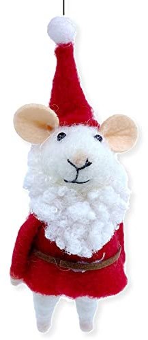 White Mouse Ornament in Santa Costume - Wool Decoration for Christmas Tree