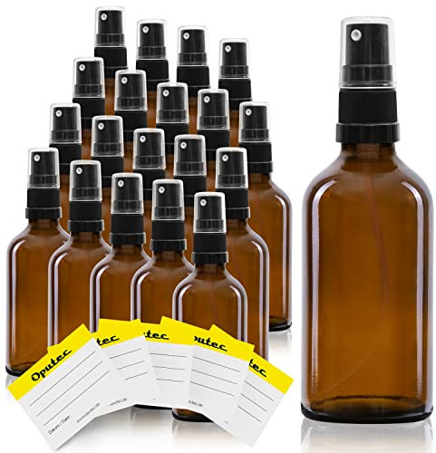 Oputec 20 botellas pulverizadoras de vidrio de 50 ml con atomizador + 20 etiquetas de etiquetado. Botellas de vidrio marrón con cabezal de pulverización fino