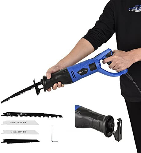 Professional Electric Saber Saw, Tiger Saw, 750W Reciprocating Saw, Foxtail Saw, 3m Power Cord, Rotary Handle, 4PCS Saw Blades for Wood PVC Metal Cutting