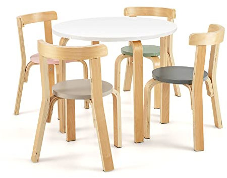 GOPLUS 5-teiliges Kindersitzgruppe aus Bugholz mit 1 Tisch & 4 Stühlen, Kinderaktivitätstisch für Kindergarten Kinderzimmer Kindertagesstätte, Tisch & Stuhlset für Jungen Mädchen ab 4 Jahre (Bunt)