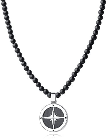 GAVU Herren Geschenk Kristall Perlen Halskette aus Mattem Onyx mit Kompass Anhänger 60cm