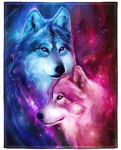 Zomer Kuscheldecke Flauschig Decke 125x150 cm Wohndecke Couchdecke Mikrofaser Sofaüberwurf Tagesdecke weiche warme Sofadecke mit Wolf Galaxie Motiv