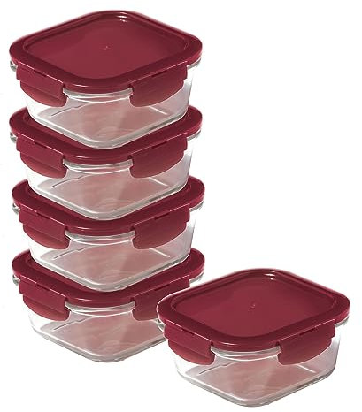 LocknLock Eco Ovenglass Glass Food Containers with Lids Set of 5 - Airtight, Leakproof Square Food Storage Containers with Recycled Plastic Lids, Oven Safe, Dishwasher Safe, 5 x 500ml