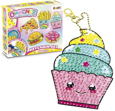DIAMONDZ CRYSTAL PAINTING Keychains Set Snacks - DIY Diamond Painting Schlüsselanhänger Bastelset, Diamant Malerei Kinder 5x Schablonen & Zubehör, XL