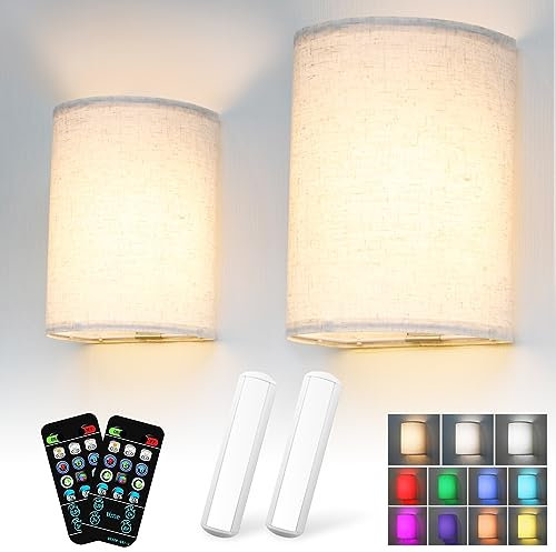 Batteria Luci da parete azionate 2 Pack, RGB dimmerabile Applique in tessuto, applique da parete senza fili con telecomando, 2500mAh ricaricabile Lampada da parete per camera da letto soggiorno