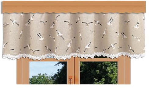 kollektion MT Querbehang Ilma Möwe mit Vogtländischer Spitze – hochwertige Landhaus-Gardine in Natur | maritimer Baumwollstoff Blickdicht | Volant mit Reihband Höhe x Breite 30 x 300 cm