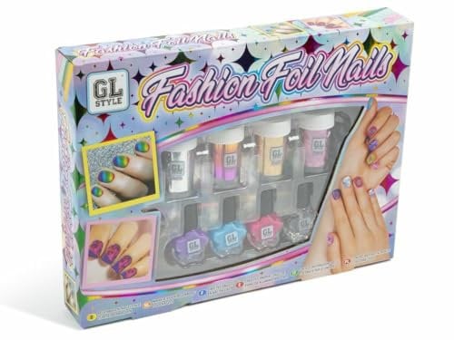 Fashion Foil Nails Kit for Kids – Girls Nail Art Set with 4 Peel-Off Polishes, 4 Foil Rolls, Stickers, Foil Glue & Instructions – Creative DIY Nail Art Accessories Gift for Children Aged 6 Years+