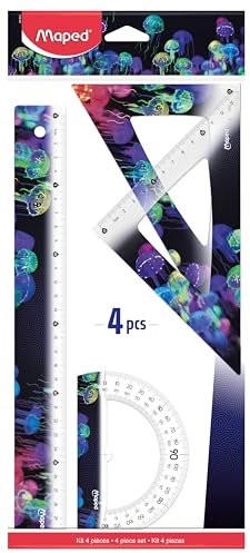 Maped - Set di tracciamento 4 pezzi Deepsea Paradise - Regola 30 cm + Squadra 60° / 21 cm + Squadra 45° / 21 cm + Goniometro 180° Base 12 cm - Strumenti ergonomici e leggeri