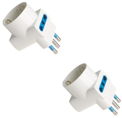 Adattatore Tripla Multipresa con Spina Angolare 16A + 2 Prese Bipasso 10A/16A + 1 Schuko 16A, Adattatore da Viaggio 5.3cm Salvaspazio (2 Pezzi)