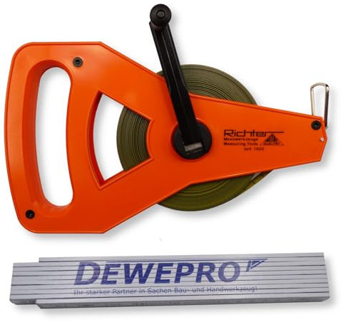 Richter Stahlbandmaß METRI-POLYSAN 13mm breit mit Kunststoffrahmen Typ R - Länge: 15m - Maßband mit Polyamid ummantelt - Maßanfang A - cm-Teilung - im Set inkl. 1 St. DEWEPRO® Zollstock 2m