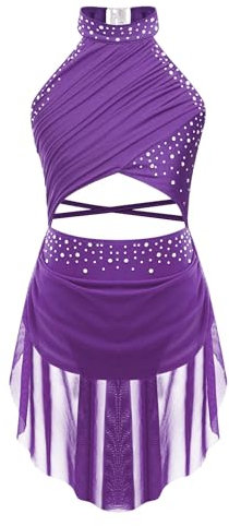 YiZYiF Vestito da Balletto Bambina Costume di Danza Senza Maniche Abito da Ballo Lirico Contemporaneo Body da Ginnastica Vestito Pattinaggio Artistico Viola 15-16 Anni