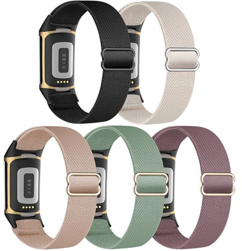 EverAct 5 Pack Elastic Straps - Compatible with Fitbit Charge 6/5, Adjustable Nylon Loop Braided Replacement Sport Wristband for Charge 6/5 Activity Tracker - Women/Men