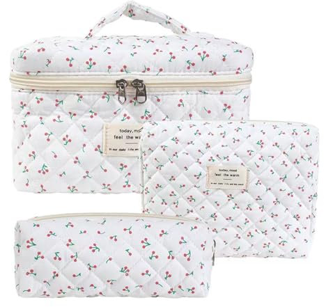 Lebartm Make-up-Tasche für Damen Gesteppte ästhetische Kulturbeutel-Set mit Blumenmuster Kosmetiktasche Reise Cosmetic Bag für Mädchen Frauen-3Stück Kirsche