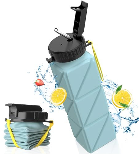 Yoassi Gourde Silicone Pliable 620ml, Bouteille d'Eau Sans BPA, Avec Paille, Léger et Réutilisable pour Sports, Camping, Randonnée-Bleu