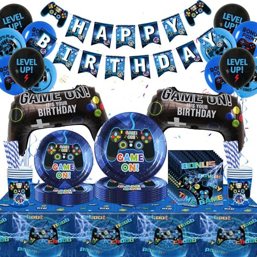 Video Gaming Party Decorations Tableware - 96 Pieces Birthday Supplies, Happy Birthday Banner, Blue Game Balloon, Tablecloths Plates Cups Napkins for Kids Boys Men Gamer, Serves 10 Guests