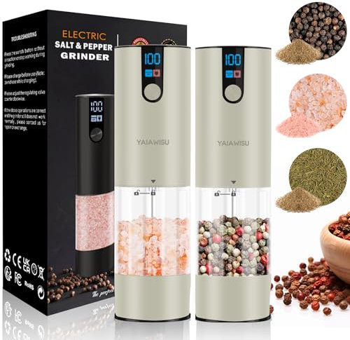 Salz und Pfeffermühlen Elektrisch 2er Set (LED-Display, Wiederaufladbar, Einstellbare Rauheit Keramikmahlwerk, 120ml große Kapazität) Gewürzmühle Elektrisch (Kautschuk Oberfläche - Beige)