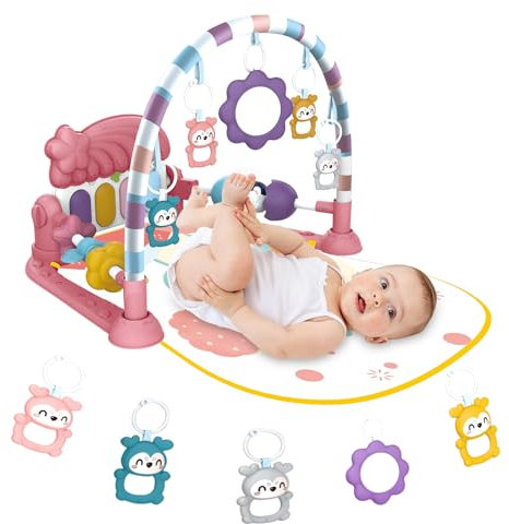 Lexixi ibao Baby Play Gym Mat Tummy Time,Kick Piano for Infant Baby Activity Mat with 5 Infant Sensory Baby Toys, Music and Lights Boy & Girl Gifts for Newborn Baby 0 to 3 6 9 12 Months (Pink)