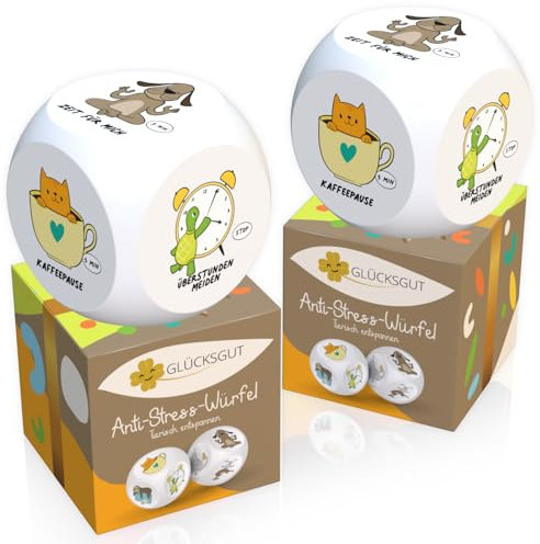 GLÜCKSGUT® Anti-Stress-Würfel | 2er Pack Tierische Pause | Lustiger Stresswürfel | 6 Motive, Geschenkbox & Anleitung | Spielzeug für Stressabbau, Kollegen & Büro Geschenk