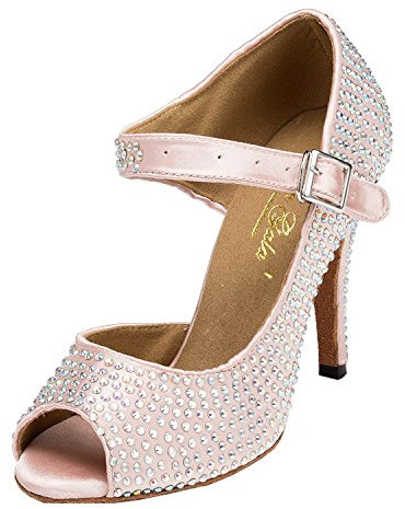 MINITOO Donna Latina Salsa Glitter Cristalli Studded Raso Scarpe da ballo Sposa Wedding Sandali L126, rosa, tacco da 10 cm, 43 EU
