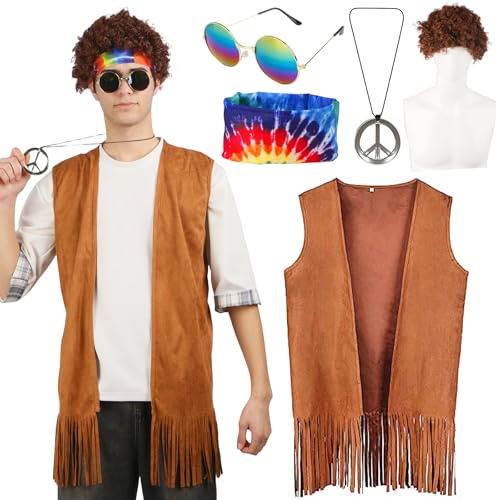 Hippie Kostüm Herren Set- 60er 70er Jahre Outfit Herren Kleidung Hippie Accessoires Bekleidung mit Hippie Weste Brille Peace Kette Perücke Stirnband, Disco Fransenweste Boho Faschingskostüme Karneval