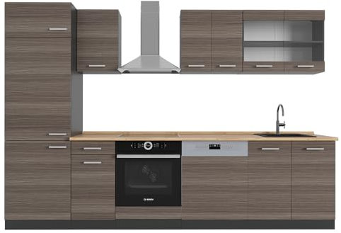 Vicco Küchenzeile R-Line, Küchenblock, Edelgrau/Anthrazit, 300 cm, AP Eiche