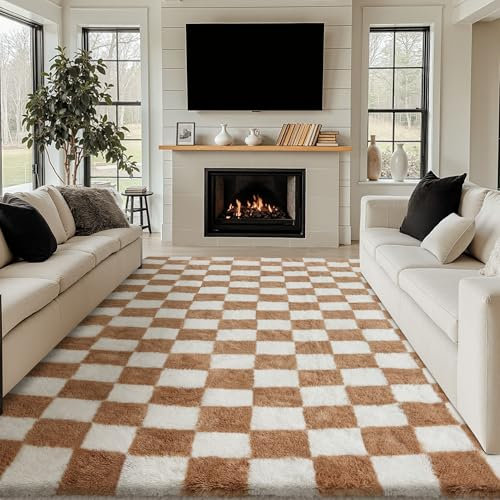 HUGEAR Teppich Kariert Hochflor Teppich Wohnzimmer 200X300cm Teppiche Beige weiß Schlafzimmer Rutschfester Kinderteppich Flauschig Weicher und GemüTlicher Carpet Living Room Kinder Mädchen Jungs