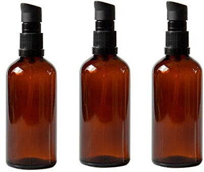 Upstore 3Pcs 100ml 3.3oz Amber Glass Lotion Pump Bottles Empty Refillable Travel Size Makeup Sample Packing Storage Containers for Essential Oils Skincare Toiletries