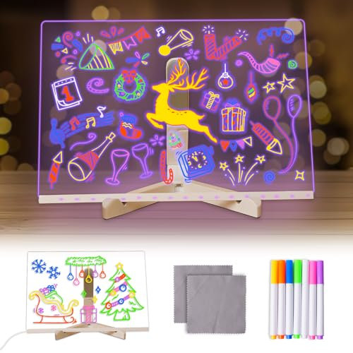 Lustaled Tavola da Disegno LED, Tavola in Acrilico con Luce LED e Penna a 7 Colori, Tavola Magica per Bambini 30x20 cm con Supporto, Tavola per Note Artistiche per Ufficio, Scuola, Casa, Caffè.