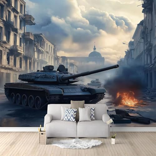 Panzer Antike Stadt Krieg Fototapete 250 x 175 cm (B x H) Vliestapete XXL Panorama Wandbild für Mädchen & Jungs Schlafzimmer | Wanddekoration mit 3D Effekt, Retro Stil