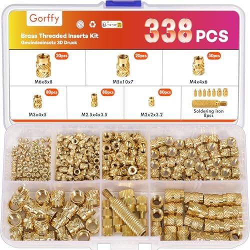 Gorffy 338PCS Threaded Inserts for Plastic, M2 M2.5 M3 M4 M5 M6 Heat Inserts with Heat Set Insert Tips, Metric Brass Knurled Nuts, Threaded Insert 3D Printing