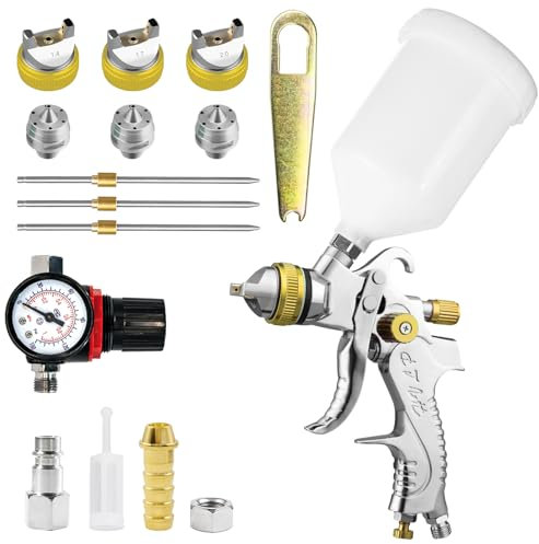 KCNKCN HVLP Professionelle Schwerkraft-Spritzpistole mit Luftzufuhr, 1,4, 1,7, 2,0 mm, 600 cc, mit Manometer für Autolack, Grundierung, Klarlack, Decklack und Ausbesserung (Gelb)