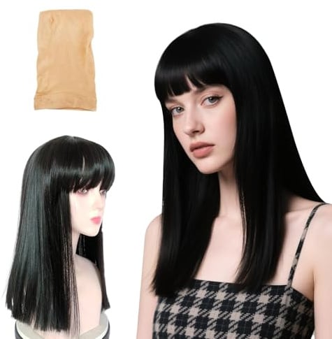 Asheyya Black Wig with Fringe, 37 cm Medium Long Straight Synthetic Black Wigs for Women