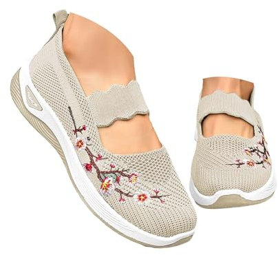 Generisch Warehouse Deal Slip on Sneakers Damen Orthopädische Walkingschuhe Atmungsaktiv rutschfest Sommerschuhe Mesh die Blumen Diabetiker Schuhe Breite Fuß Weiche Damen Sommerschuhe Beige EU 42