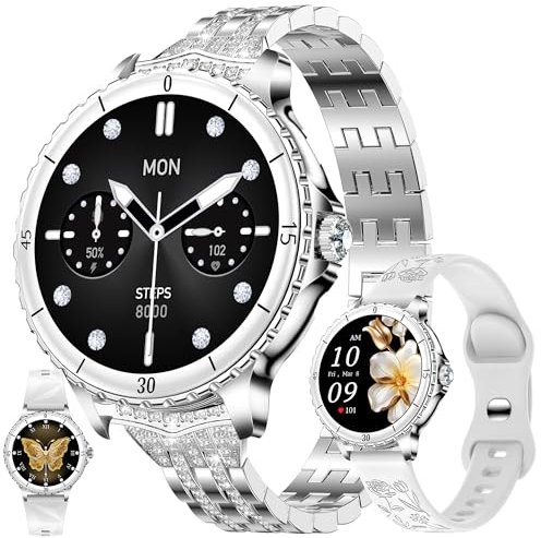 1,27 AMOLED Montre Connectée Femme avec Appel Bluetooth 5,2, Smartwatch Compatible Samsung Huawei Xiaomi Android iOS Podometre GPS Partagé Montre 123 Sports Cardiofrequencemetre (Argenté)