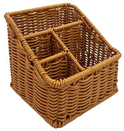 WuJiLiving Rattan Remote Control Holder, Wicker Desk Organizer Basket for TV Remotes, Office Supplies, Makeup Brushes, Handwoven Storage Caddy for Tabletop, Shelf, or Kitchen Use (Golden Oak)