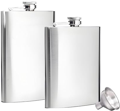 2 Pack Hip Flasks for Men Women, 10Oz & 8Oz Stainless Steel Leakproof Thin Flask Alcohol with 1 Funnel, Portable Pocket Design for Climbing Camping Hiking Party and Barbecue