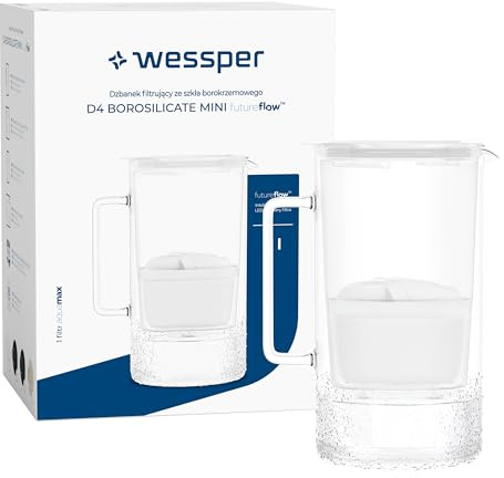 Wessper Carafe filtrante en verre 2L, sans BPA Carafe à eau avec compteur de filtre intelligent, Pichet avec cartouche filtrante au charbon actif et anti-calcaire - Blanc