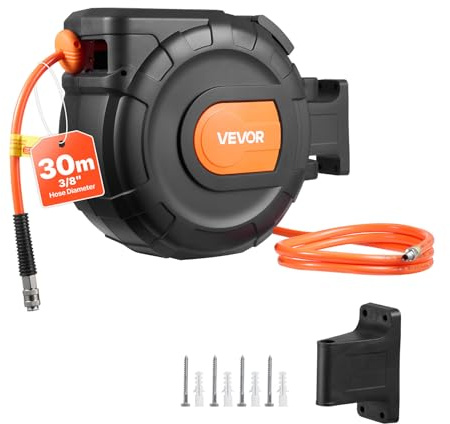 VEVOR Carrete de Manguera de Aire Retráctil 30 m x 9,5 mm, Manguera para Compresor de Aire Presión Máxima de 300 PSI, con Entrada de 2 m, Montaje en Pared Giratorio de 180°, para Garaje, Taller