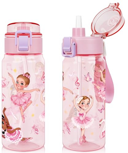 wooshwa Botella de Agua para Niños 550ml, Cantimplora Infantil con Pajita para Niña Infantil, a Prueba de Fugas, Sin BPA para La Colegio y el Exterior - Ballet