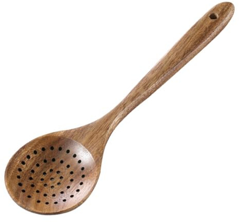 Teron Skimmer Cooking Spoon with Holes Handle Slotted Skimmer Spoon for Frying and Draining 28x7cm Wooden Scoop Slottedspoon Strainer Oil Colander